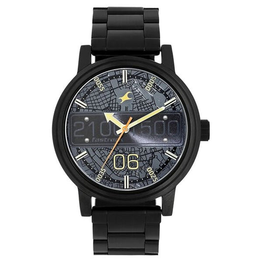 Fastrack Road Trip Quartz Analog Black Dial Stainless Steel Strap Watch for Guys